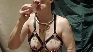 French milf slave chained in harness masturbates publicly doggystyle. Outdoor bdsm humiliation with toys.