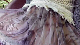 Hairy mature lifts skirt for upskirt flash on carriage ride