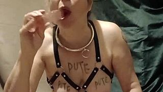 French milf slave chained in harness masturbates publicly doggystyle. Outdoor bdsm humiliation with toys.