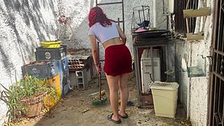 Stepdaughter's huge ass in skirt while patio cleaning tempts irresistible pounding