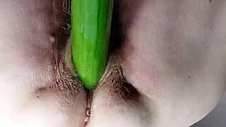 granny stuffs hairy pussy with dildo cucumber german style
