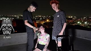 Young tattooed girl bareback rides two monster cocks on the roof