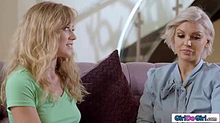 Busty blonde stepmom and stepdaughter share hot 69 pussy licking session