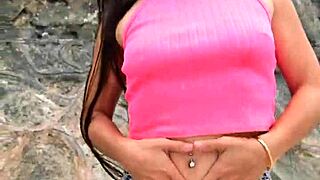 cutie brunette flashes dances bikini beach public chill