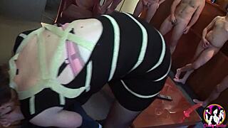 short haired brunette slut gets her holes destroyed in wild gangbang frenzy