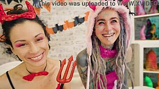 damn, anuskatzz and stacy bloom's halloween lesbian atm dildo pussy lick is wild