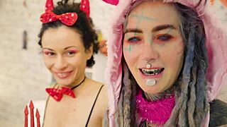 damn, anuskatzz and stacy bloom's halloween lesbian atm dildo pussy lick is wild