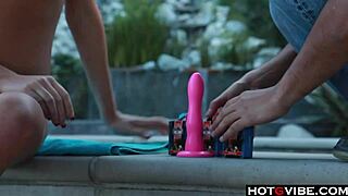 watch this big titted blonde fingering herself to orgasm by the pool with toys