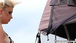 chubby femdoms in boots whip fat sub's ass during outdoor lingerie threesome