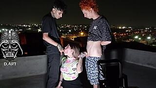 Young tattooed girl bareback rides two monster cocks on the roof