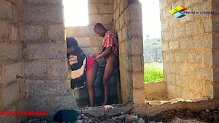 Stranded ebony gets rough fucked by bricklayer in unfinished building