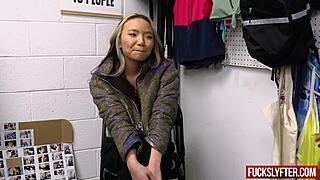 Asia kneels after jacket slip for creamy asian teen fuck