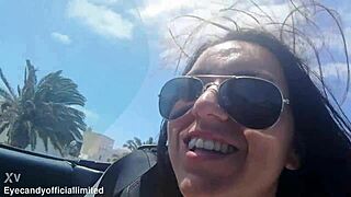 Flashing tits and pussy from sports car top-down