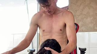 hot tattooed teen gives sloppy balcony blowjob and swallows every drop