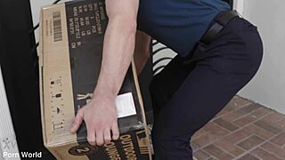 Rich blonde bitch bridgette b takes delivery guy's cock in all her shaved holes