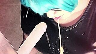 that sissy shemale slut gags sloppy on dick with fishnets and boots