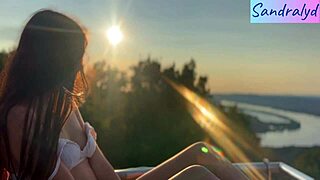 pretty hungarian brunette plays with small tits nipples outdoors in paradise