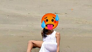 check out this skinny latina model's small tits and nice ass nude on public beach!