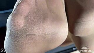 mistress's sexy nyloned feet tease closeup on desk