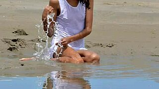 check out this skinny latina model's small tits and nice ass nude on public beach!