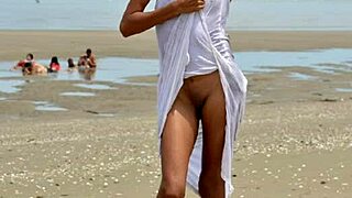 check out this skinny latina model's small tits and nice ass nude on public beach!