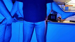 wife sucking two cocks in neon threesome... you watching??