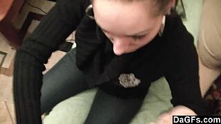brunette wife sucks cock on sofa swallowing cum