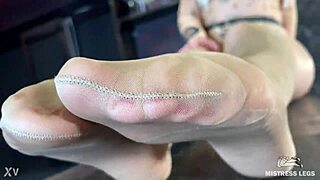 mistress's sexy nyloned feet tease closeup on desk