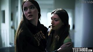 evil brunette seduces stepsister's petite hairy teen gf