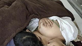 big titted indian stepmom cuddles stepson tightly in shared bed
