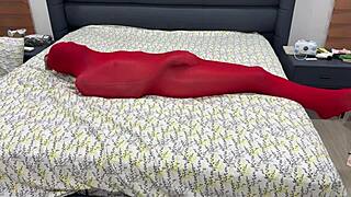 Trapped in tight pantyhose bondage cocoon, she stretches helplessly for master?