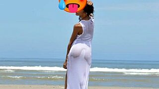 check out this skinny latina model's small tits and nice ass nude on public beach!