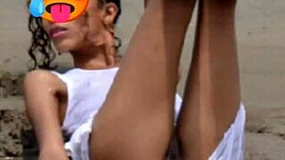 check out this skinny latina model's small tits and nice ass nude on public beach!