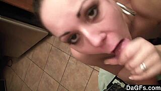 brunette wife sucks cock on sofa swallowing cum