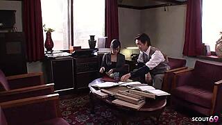 japanese teen secretary with glasses seduces ugly old boss to suck his fat cock