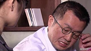 japanese teen secretary with glasses seduces ugly old boss to suck his fat cock