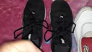 cumshot on sneakers teases hidden foot fetish