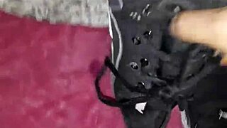 cumshot on sneakers teases hidden foot fetish