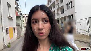 Hottie loses bet walks public streets cum-covered face from blowjob
