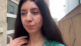 Hottie loses bet walks public streets cum-covered face from blowjob