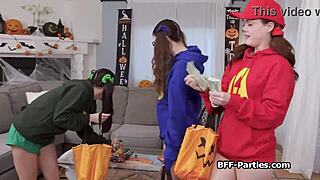 Hey, those trick-or-treat girlfriends got caught, now it's a wild Halloween foursome!