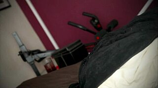 Curved cock stretches tight black toy for massive cumshot