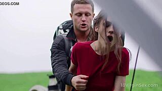 the sexy 18yo virgin teen bends over outdoors for rough monster cock doggystyle until crying orgasm