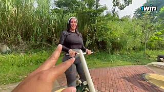 Gym street girl fucked deepthroat cumshot by colombian cock outdoor public!