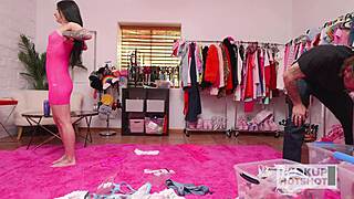 kaitlyn katsaros slips into sexy outfits, teases big natural tits and tight wet pussy backstage