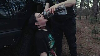 submissive teen licks ass, gulps piss at picnic, then chokes on rough face fuck
