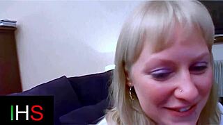 Blue-Eyed Blonde Milf's Shaved Ass Pounded with Belly Cumshot