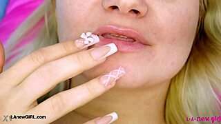 Graceful Blonde Teases Daddy with Petite Body on Sofa