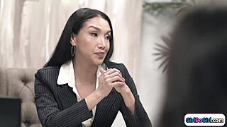 Latina Milf Boss Leads Foursome Licking Petite Asian and Employee Tits