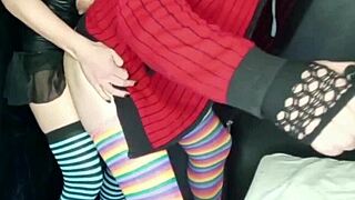 Brunette milf lola straps on to peg big cock guy in anal with her huge natural tits bouncing